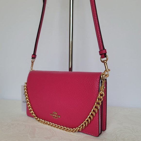 COACH Anna Pebbled Leather Foldover Clutch Crossbody With Chain- Bold Pink🎈$158 - Picture 4 of 16